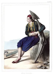 Grieche von Hidra. in "Reise nach Athen und Konstantinopel, oder Sammlung griechischer und osmanischer Porträts, Ansichten und Kostüme, vor Ort gemalt, lithographiert und koloriert von Louis Dupre (1789-1837), Schüler von David. 1825."