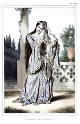 Prinzessin Hélène Soutzo. In „Reise nach Athen und Konstantinopel oder Sammlung griechischer und osmanischer Porträts, Ansichten und Trachten, vor Ort nach der Natur gemalt, lithografiert und koloriert von Louis Dupré (1789-1837), einem Schüler Davids“.