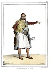 Chef der Palikares de la Scllade, in „Reise nach Athen und Konstantinopel, oder Sammlung griechischer und osmanischer Porträts, Ansichten und Kostüme, nach der Natur gemalt, lithografiert und koloriert von Louis Dupre (1789-1837), Schüler von David.1825.