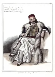 Vasili Gouda, Adjutant von Marc Botzaris (1788-1823). in „Reise nach Athen und Konstantinopel, oder Sammlung griechischer und osmanischer Porträts, Ansichten und Kostüme, nach der Natur gemalt, lithographiert und koloriert von Louis Dupre (1789-1837)