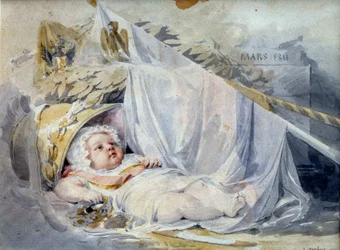 König von Rom Napoleon II., Herzog von Reichstadt (1811-1832), Sohn von Kaiser Napoleon I. (1769-1821) als Neugeborener. Schwarzer Stein und beige Lava auf Papier von Eugène Isabey (1803-1886) März 1811 Paris, Musée du Louvre