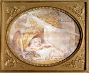 Porträt des Königs von Rom als Baby (1811-1832) im Helm des Mars Napoleon II., Herzog von Reichstadt, Sohn von Kaiser Napoleon I. (1769-1821) Neugeborenes. Schwarzer Stein und beige Lava Papier von Eugene Isabey (1803-1886) März 1811