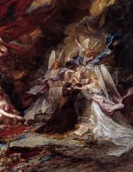 Die Versuchung des heiligen Antonius. Der Einsiedler Antonius der Große (251-356) (oder Antonius der Einsiedler oder Antonius der Abt) wird in der Wüste den Versuchungen des Teufels ausgesetzt. Detail, das den Heiligen darstellt. Gemälde von Louis Gabriel 