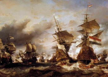 Krieg gegen die Liga von Augsburg: „Schlacht von Texel am 29.06.1694, Sieg von Jean Bart (1650-1702) über das niederländische Geschwader des Admirals von Friesland“. Die Franzosen erobern niederländische Schiffe mit Weizenladung. Gemälde von Louis Gabriel 