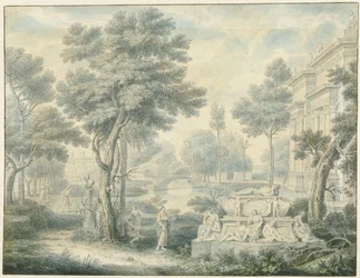 Arkadische Landschaft mit einem Grabmal