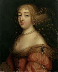 Porträt einer Dame, gesagt Laura Mancini, Herzogin von Mercoeur, Brustlänge, in einem roten Kleid, mit einer Perlenkette und Ohrringen