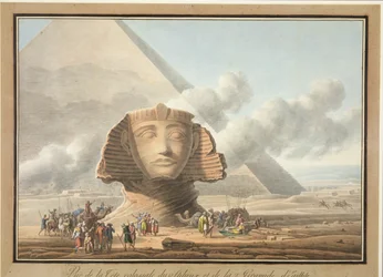 Ansicht des Kopfes der Sphinx und der Pyramide von Khafre, ca. 1790
