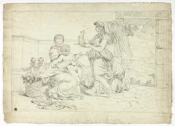 Heilige Familie mit Engel, der einen Krug trägt (recto); Rechte Hälfte der Skizze für Lunette (verso)