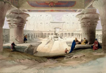 Blick unter dem Portikus des Tempels von Edfou, Oberägypten, 1846