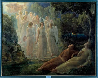Das Gedicht der Seele; Die goldene Leiter, Szene mit lyrischer Atmosphäre, bevölkert von Engeln und der Figur Gottes