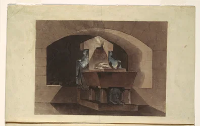 Grabmal im ägyptischen Stil mit Karyatiden und einem Löwen, ca. 1779–84