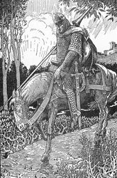 Mordred verwundet nach der Schlacht von Camlann gegen seinen Vater König Artus (Illustration von Louis Rhead aus „König Artus und seine Ritter“ 1923)