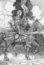 Sir Tristam reitet zum Schloss Tintagel Illustration von Louis Rhead (1858-1926) aus „King Arthur and his knights“ 1923 Private Sammlung