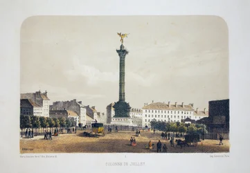 Säule von Juli (Place de la Bastille), Paris. Lithografie Aquarell, Illustration von Arnout, in „Album, souvenirs de Paris“, Daziaro Herausgeber, Paris.
