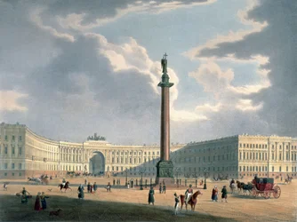 Die Alexandersäule und das Armeehauptquartier in St. Petersburg, gedruckt von Lemercier, Paris, 1840er Jahre