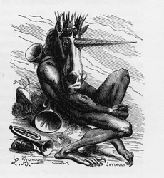 Der Dämon AMDUSCIAS in der Ars Goetia - Amdusias - ein aus goetischen Glaubensvorstellungen abgeleiteter Dämon (Kunst und Praxis der Beschwörung von Dämonen) - in „Dictionnaire infernal“ von Collin de Plancy - gestochen von L. Breton. Paris