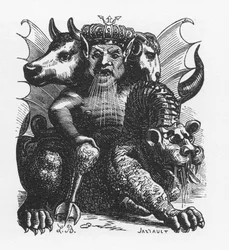 Der biblische Dämon Asmodäus - Asmodäus oder Aschmedai, König der Dämonen - in „Das höllische Wörterbuch“ von Collin de Plancy - Stich von L. Breton. Paris