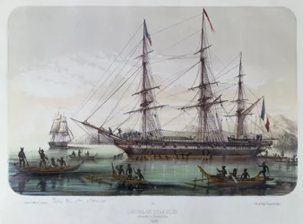Die Astrolabe und Zélée besuchen die Insel Nuku Hiva in den Marquesas-Inseln