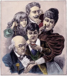 Darstellung der fünf Sinne (Tastsinn, Gehör, Geruch, Geschmack und Sehsinn) von Louis Léopold Bailly. Gravur von 1894
