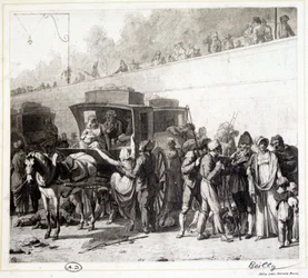 Die Ankunft einer Postkutsche, Heliogravur von Léon Marotte nach dem Gemälde von Boilly (1803)