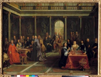 Königin Christina von Schweden, umgeben von ihrem Hofstaat, hört dem Philosophen René Descartes bei einer geometrischen Demonstration zu, in Anwesenheit des Prinzen von Condé, Elisabeths von der Pfalz und Pater Mersennes