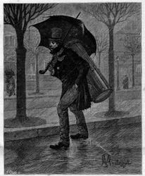 Schlechte Ernte! Arme nasse Zikade! ... Trommelspieler in Not, der im Regen durch die Straßen von Paris geht. In „Trente ans de Paris“, autobiografische Sammlung von Alphonse Daudet. Gravur nach Monteguts Illustrationen in „Le Monde illustré“