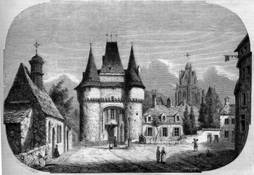 Architektur: Ansicht des Tores Saint Julien (1460-1483), im Hintergrund die gotische Kirche Notre Dame des Marais (1450-1623). La Ferte Bernard, Sarthe (72)