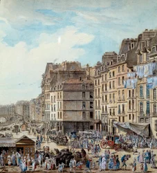 Maritimes Leben an den Docks des Hafens in Paris im Jahr 1782. Penichen und kommerzielle Aktivitäten an der Seine. Detail. Zeichnung von Louis de Lespinasse (1734-1808) 1782