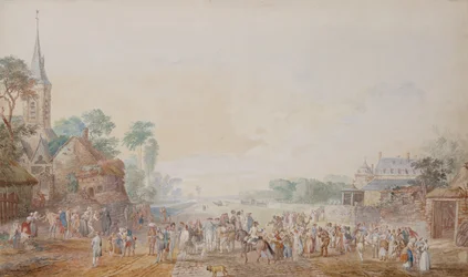 Der Herzog von Penthievre mit Benjamin Franklin an seiner rechten Seite bei einer Überprüfung seines Freiwilligenregiments neben seinem Schloss in Rambouillet
