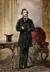 Porträt von Phileas Fogg, Charakter aus Le tour du monde en quatre-vingts jours, Abenteuerroman von Jules Verne, illustriert von Louis Paul Pierre Dumont (1822-1882) im Jahr 1872 (Phileas Fogg vom Frontispiz von In achtzig Tagen um die Welt von Jules Verne
