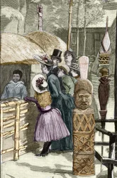 Weltausstellung 1889 - Das Dorf der Kanaken auf der Esplanade des Invalides (die Kanaken während der Ausstellung ausgestellt: Menschlicher Zoo) - Zeichnung von Louis Tinayre (1861-1942) - in „Le Monde Illustré“ vom 22.07.1889.