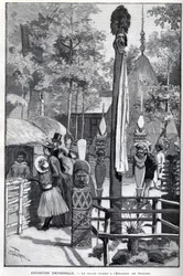 Exposition Universelle 1889 - Das Canaque-Dorf an der Esplanade des Invalides (die Canaques während der Ausstellung: Zoo Humane). Zeichnung von Louis Tinayre (1861-1942) - in „Die illustrierte Welt“ vom 22.07.1889.