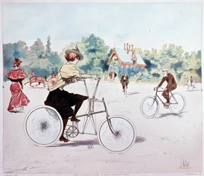 Frau auf Fahrrad - Zeichnung von L. Vallet