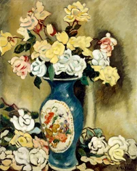 Blumenstrauß aus roten Rosen in einer blauen Vase, ca. 1920