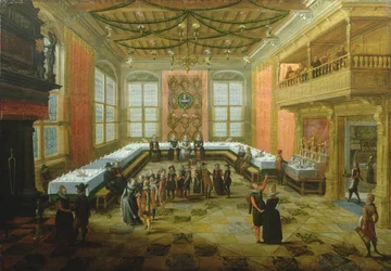 Elegante Figuren versammeln sich in einem Bankettsaal