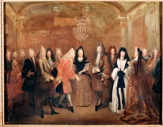 König von Frankreich Ludwig XIV. empfängt den Prinzen Friedrich August I. im Schloss von Fontainebleau