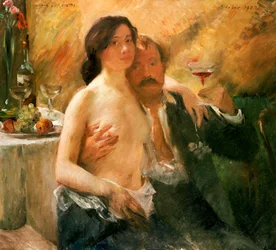 Selbstporträt mit nackter Frau und Glas