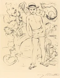 Junge mit Badehose und Strohhut