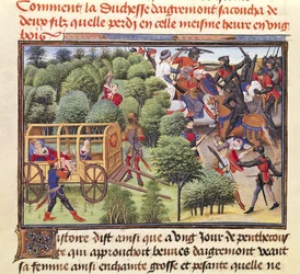 Ms 5072 f.6v Wie die Herzogin von Aigremont zwei Söhne gebar und sie in derselben Stunde in einem Wald verlor, aus dem Renaud de Montauban-Zyklus