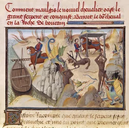 Ms 5072 fol.37v Maugis kämpft gegen die Schlange und gewinnt das verzauberte Pferd Bayard, aus dem Renaud de Montauban-Zyklus