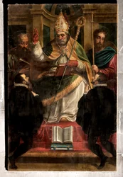 Genua, Duomo (St. Laurentius-Kathedrale): "St. Gotthard zwischen St. Paul und St. Jakob und zwei knienden Gläubigen" (1571), von Luca Cambiaso (mit Übermalungen von Carlo Giuseppe Ratti)