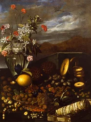 Stillleben mit Trockenfrüchten, Blumen und Landschaft, von Luca Forte (1610-1670)
