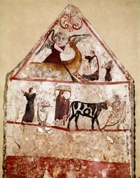 Ein Stier wird zum Opferaltar geführt. Lukanisches Fresko aus dem 4. Jahrhundert v. Chr. aus der Nekropole von Andriuolo in Paestum, Italien. Museo Nazionale Archeologico, Paestum
