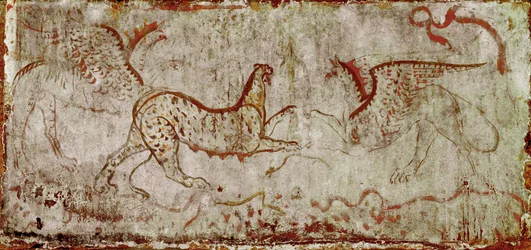 Kampf zwischen einem Panther und einem Greif. Lukanisches Fresko aus dem 4. Jahrhundert v. Chr. aus dem Grab des Reiters in der Nekropole von Paestum, Italien. Museo Nazionale Archeologico, Paestum