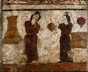 Eine Gruppe von Tänzern während eines Bestattungsritus. Lukanisches Fresko aus dem 4. Jahrhundert v. Chr., aus der Nekropole von Paestum, Italien. Museo Nazionale Archeologico, Paestum