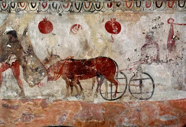 Ein Herdenhüter und zwei Esel. Lukanisches Fresko aus dem 4. Jahrhundert v. Chr. aus der Nekropole von Paestum, Italien. Museo Nazionale Archeologico, Paestum