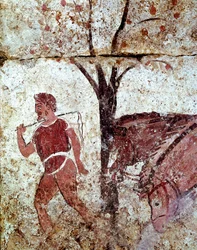 Ein Bauer führt zwei Pferde. Lukanisches Fresko aus dem 4. Jahrhundert v. Chr. aus der Nekropole von Paestum, Italien. Museo Nazionale Archeologico, Paestum