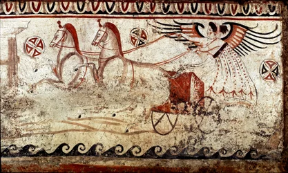 Eine von einer Biga geführte Victoria. Lukanisches Fresko aus dem 4. Jahrhundert v. Chr., aus der Nekropole von Paestum, Italien. Museo Nazionale Archeologico, Paestum