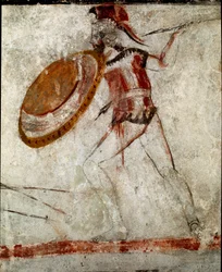 Ein Krieger mit Speer und Schild. Lukanisches Fresko aus dem 4. Jahrhundert v. Chr. aus dem Grab des Reiters in Paestum, Italien. Museo Nazionale Archeologico, Paestum