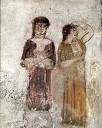Porträt zweier Frauen. Lukanisches Fresko aus dem 4. Jahrhundert v. Chr., aus dem Grab des Reiters, Fundstätte Paestum, Italien. Museo Nazionale Archeologico, Paestum